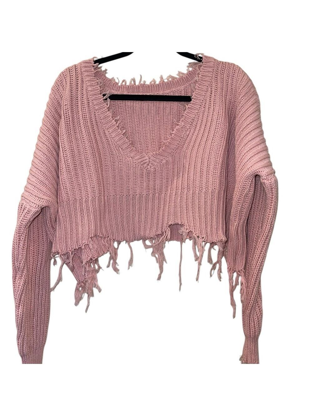 Moon & Madison Women’s Oversized Sweater Pink Distressed Hem Crop Size: Small - Picture 3 of 4